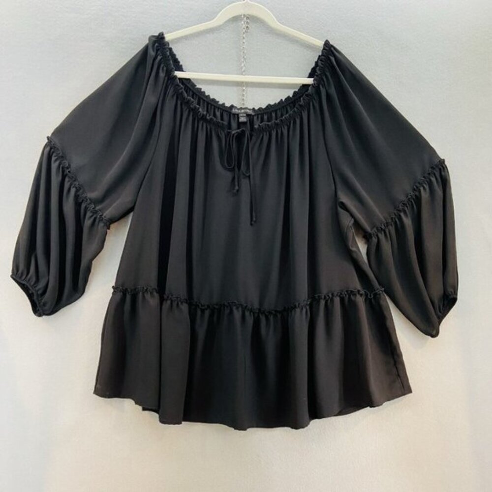 Lane‎ Bryant Black Peasant Style Top SZ 26/28 Boho/Tunic Peplum Off/On Shoulder